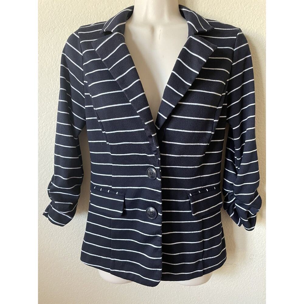 Bebe Navy Blue Striped Collared 2 Button 3/4 Sleeve Womens Blazer Jacket Size S